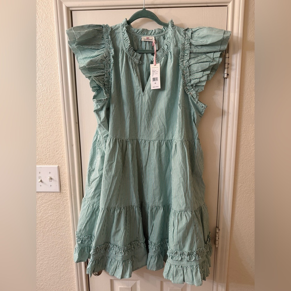 Vineyard Vines Green Striped ruffle dress New with Tags